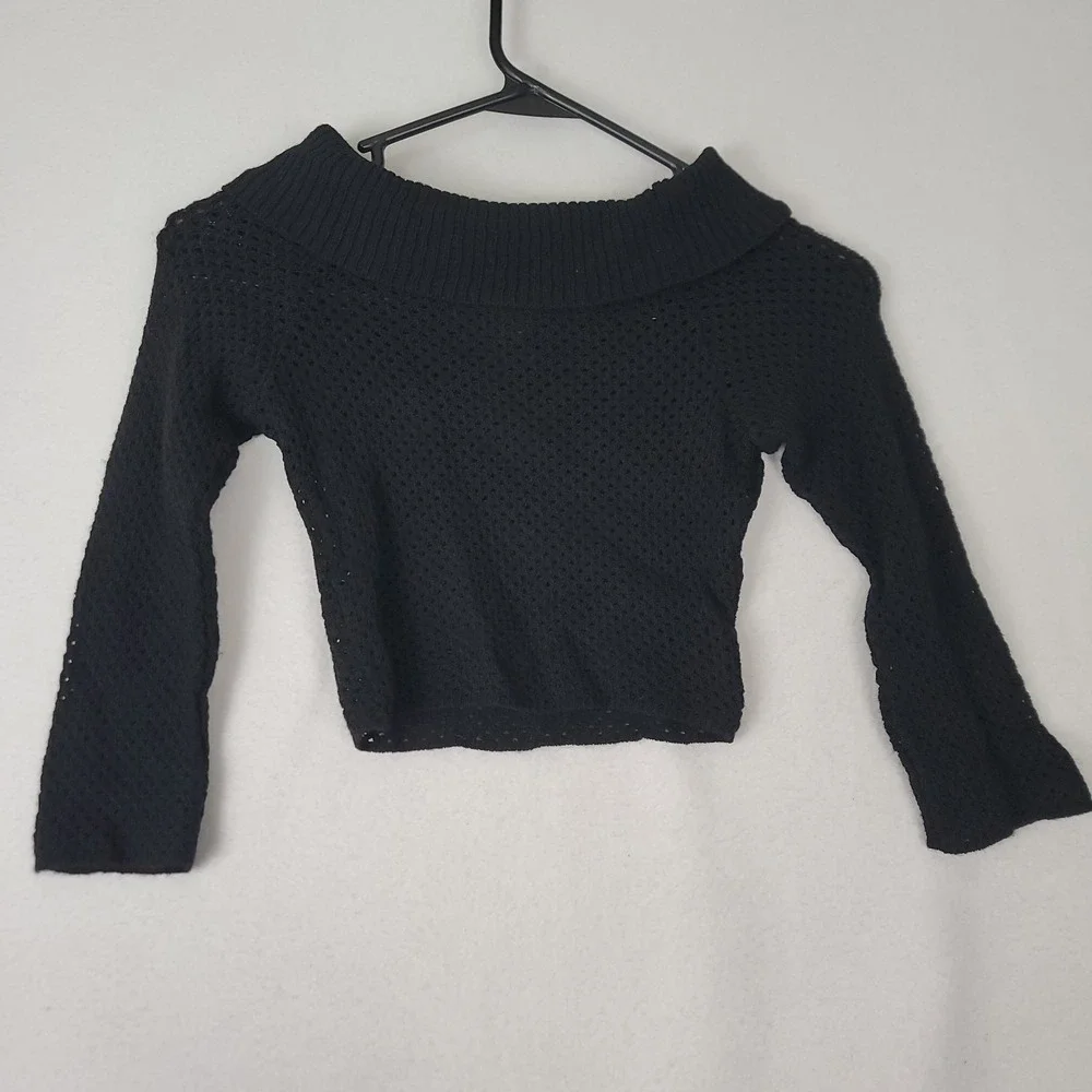 ARDEN B VINTAGE BLACK CROP OPEN KNIT OFF-THE-SHOULDER SWEATER TOP FRANCE SIZE 2